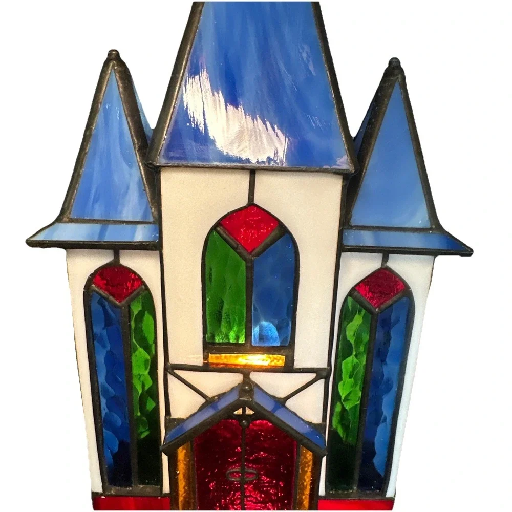 Vtg Tiffany Style Xmas Stained Glass Village Victorian Houses Church Replacement